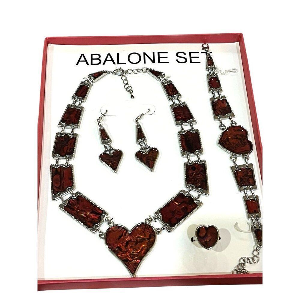 Dyed Red Heart Abalone Earrings Necklace Bracelet Ring Set Silver Tone Gift Box
